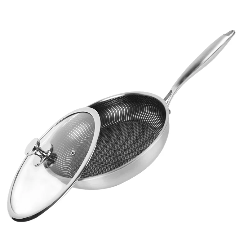 High Quality 20cm 24cm 28cm Pan Food Stainless Steel Honeycomb Frying Pan With Glass Lid