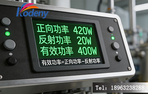 等离子清洗机控制面板显示正向功率420W、反射功率20W，有效功率400W的实拍图，配文&ldquo;有效功率=正向功率－反射功率&rdquo;