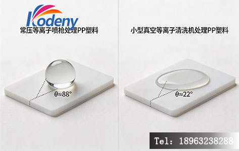 小型真空等离子清洗机 vs 常压等离子处理PP塑料效果对比，水滴角测试