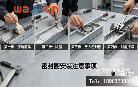 安装步骤分解图（清洁槽体 -> 涂脂 -> 放入密封圈 -> 对角拧紧）