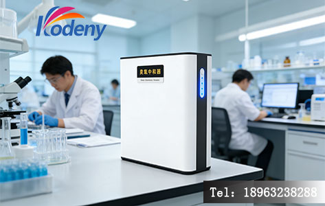 某电子厂房废气处理系统现场，UV20臭氧中和器串联在风管上，出口处装有在线臭氧监测探头
