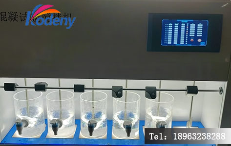混凝试验搅拌器LDN-6M产品细节图，突出彩色中文触摸屏和六联搅拌叶片