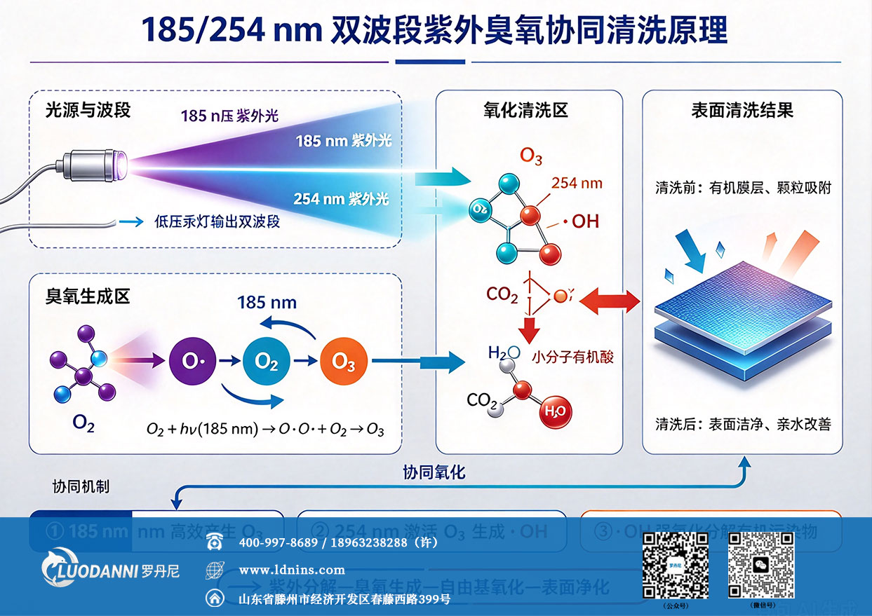 185/254nm 双波段紫外臭氧协同清洗原理示意图
