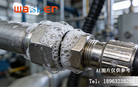 气体管路检漏示意图（展示肥皂水涂抹在接头处产生气泡的特写）