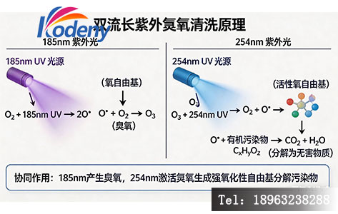 双波长紫外臭氧清洗原理示意图&mdash;&mdash;展示185nm与254nm协同作用机制