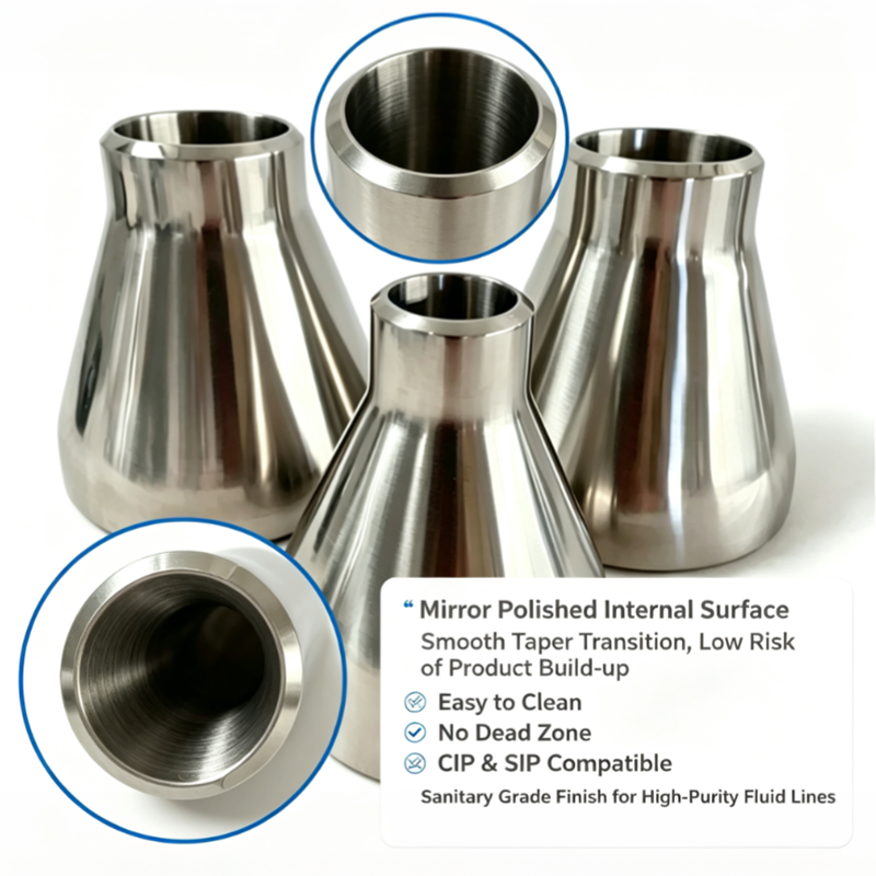 Grade 2 Titanium Sanitary Concentric Reducer 2"-1/2", 50.8×12.7mm Polished Inner Surface Sanitary Reducer Factory Wholesale In Stock Fast Delivery