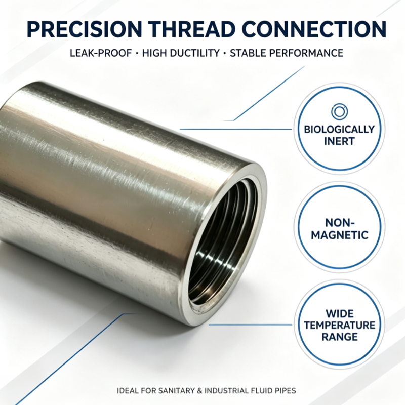 NPS1/4 DN8 Gr2 Titanium Thread Coupling, Single Female Thread, Custom Machined Non-magnetic Fitting, High Temperature Resistant Pipe Connector for Oil & Gas Ind