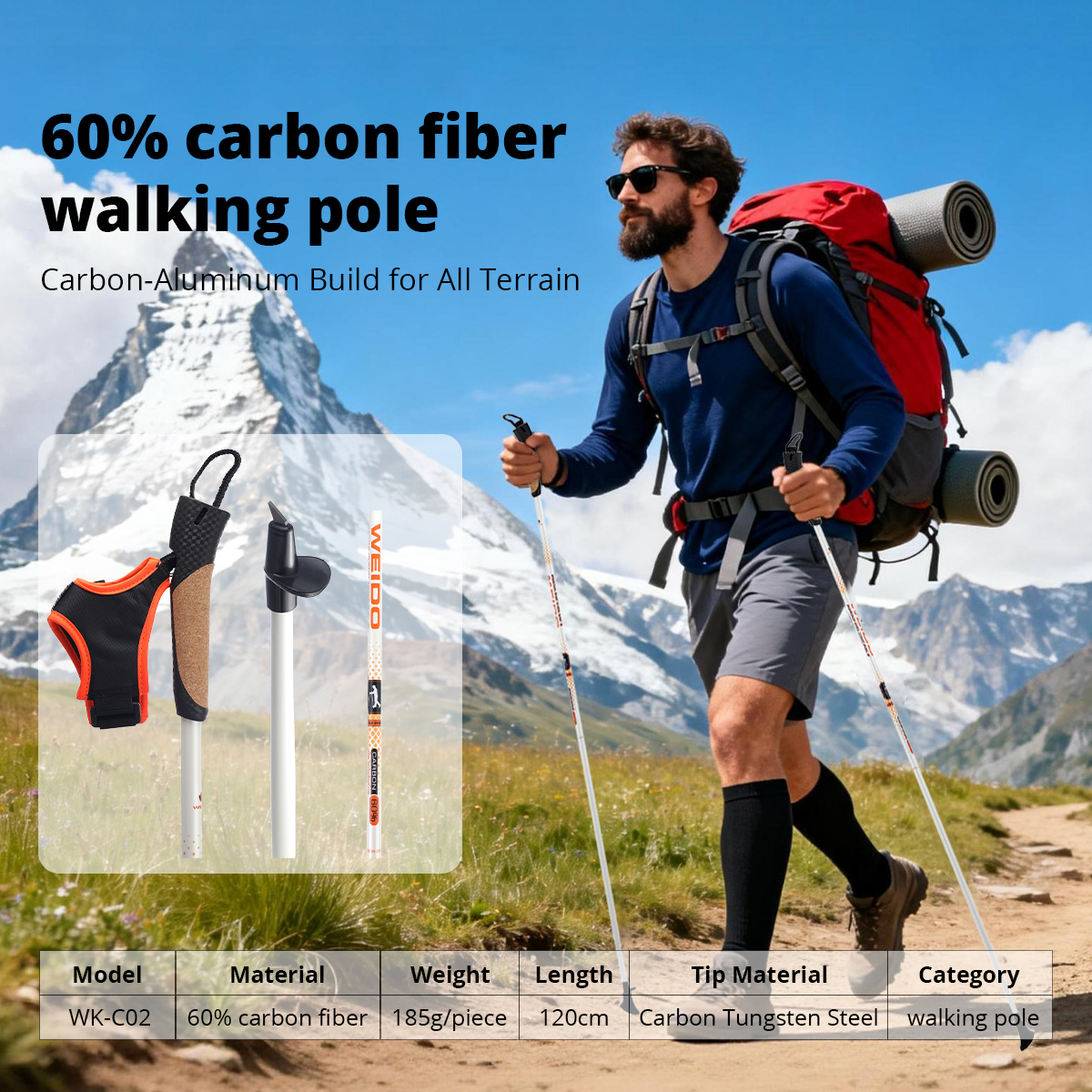 60%碳单节步行杖