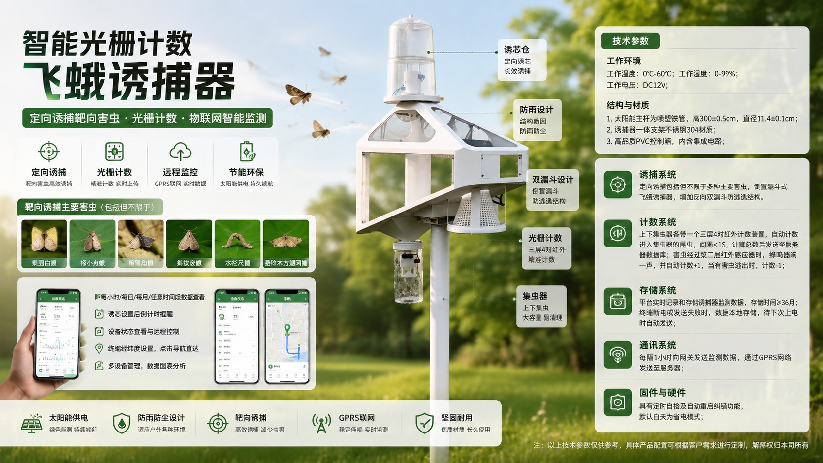型飞蛾性诱监测仪 | 定向性诱捕虫 红外光栅计数 太阳能智能虫情测报设备