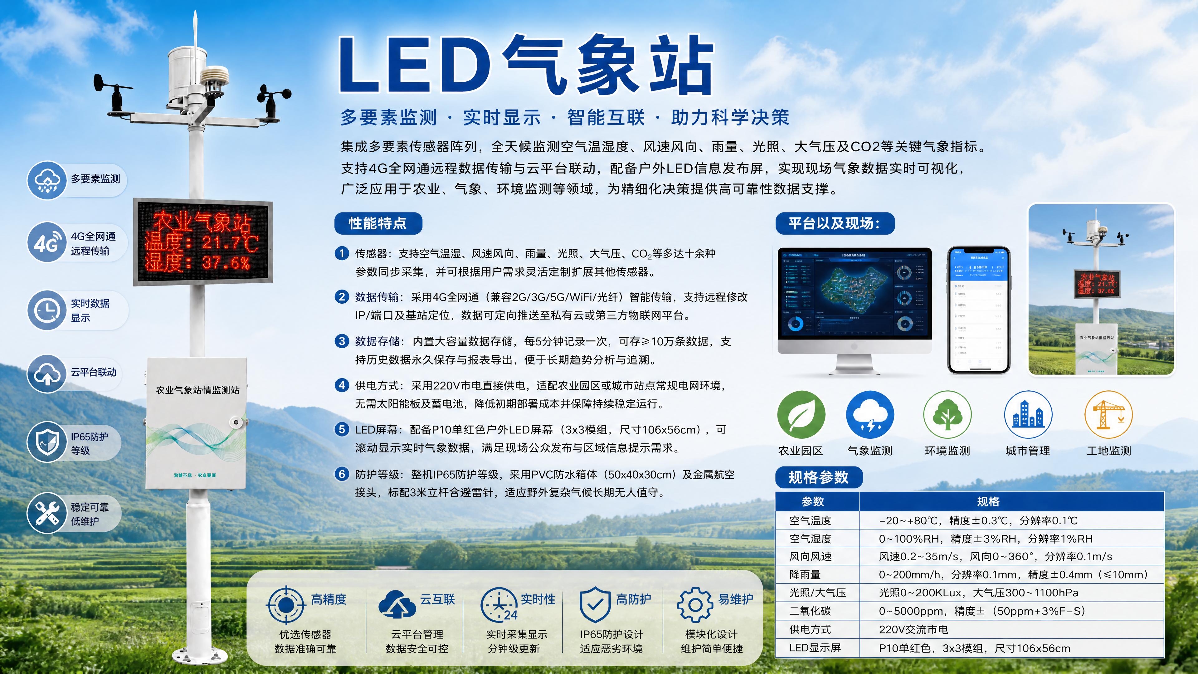 LED 气象站｜多要素气象监测 户外 LED 屏实时发布 4G 远程传输气象监测站