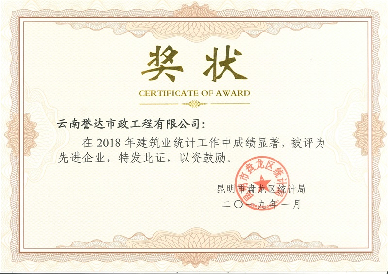 2018年建筑业统计工作先进单位奖状