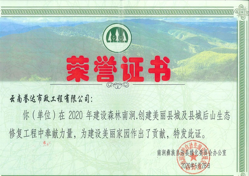 2020.5.28-南涧后山生态修复工程奉献力量民（荣誉证书 (2)