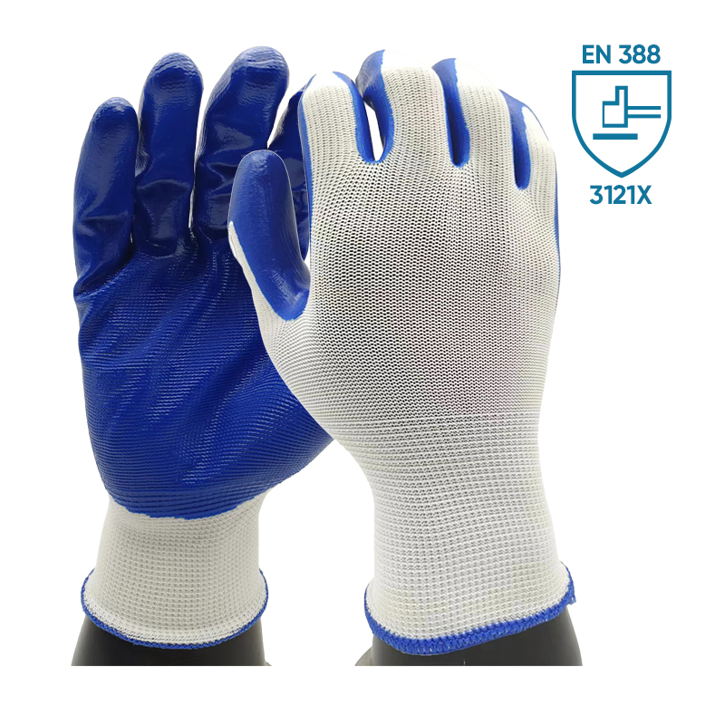G13-NTG002 White polyester blue smooth nitrile surface gloves