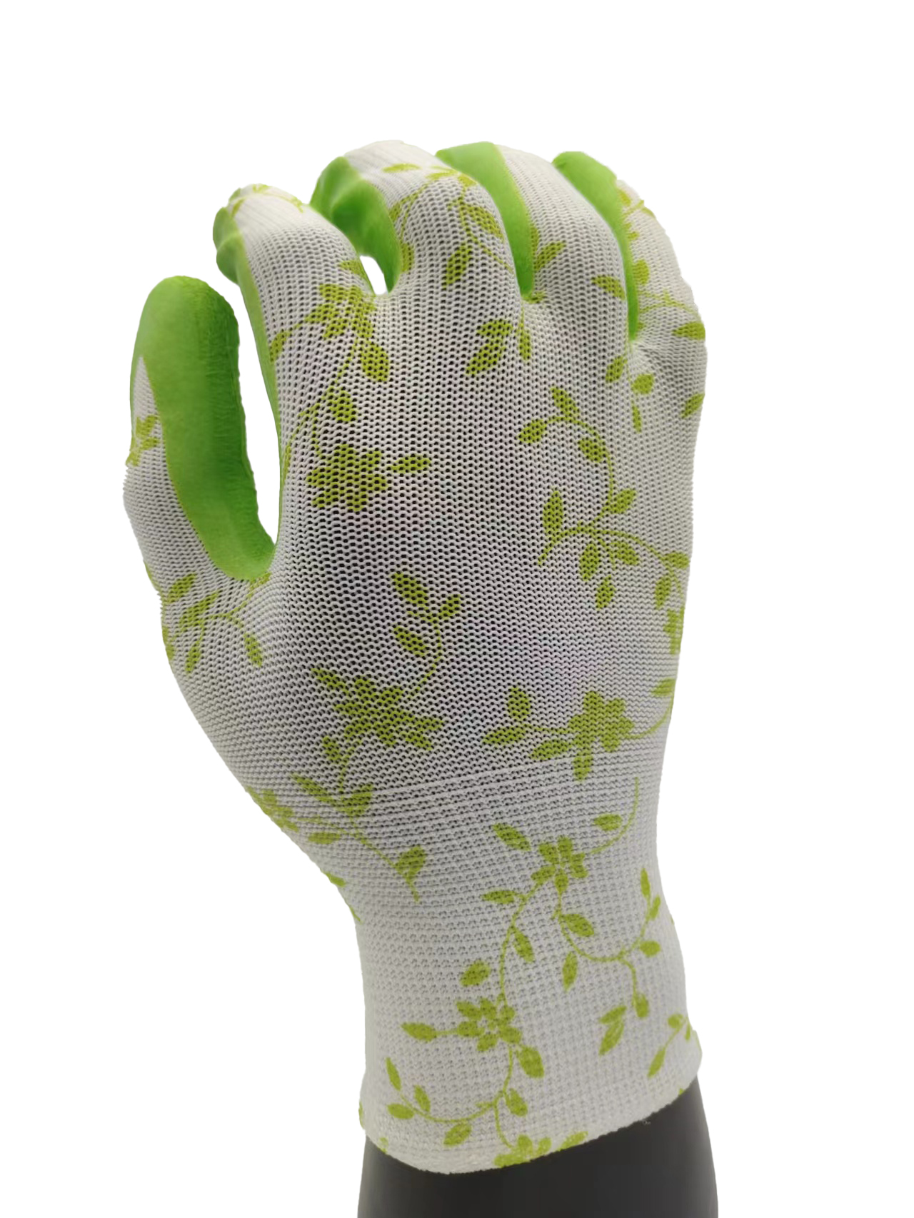 G13-LTGC001 White polyester green latex garden gloves ( green vines pattern)