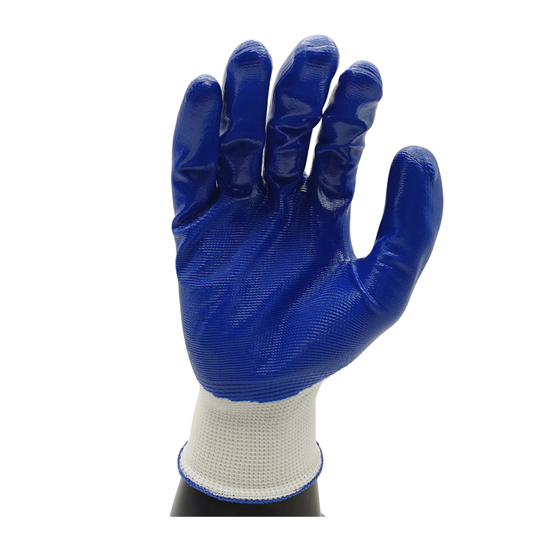 G13-NTG002 White polyester blue smooth nitrile surface gloves