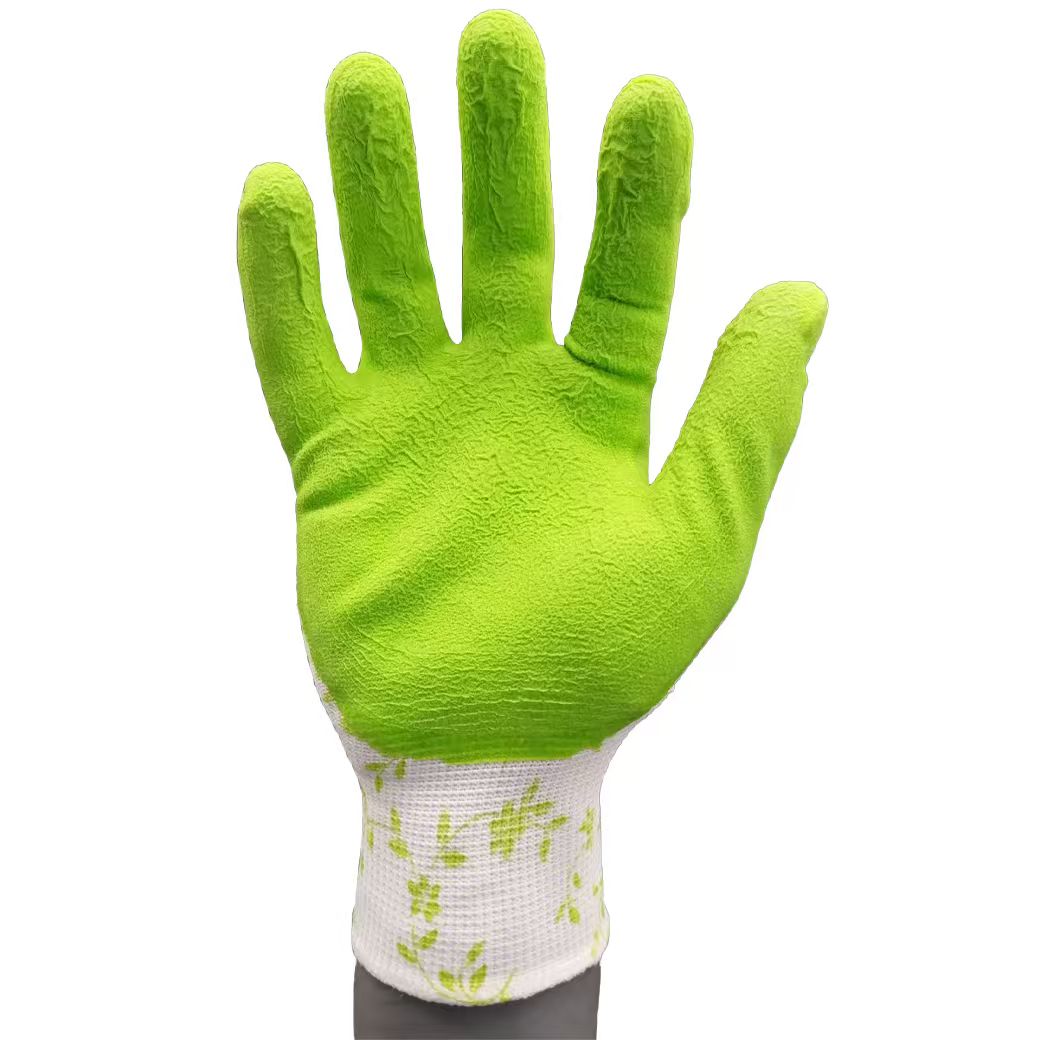 G13-LTGC001 White polyester green latex garden gloves ( green vines pattern)