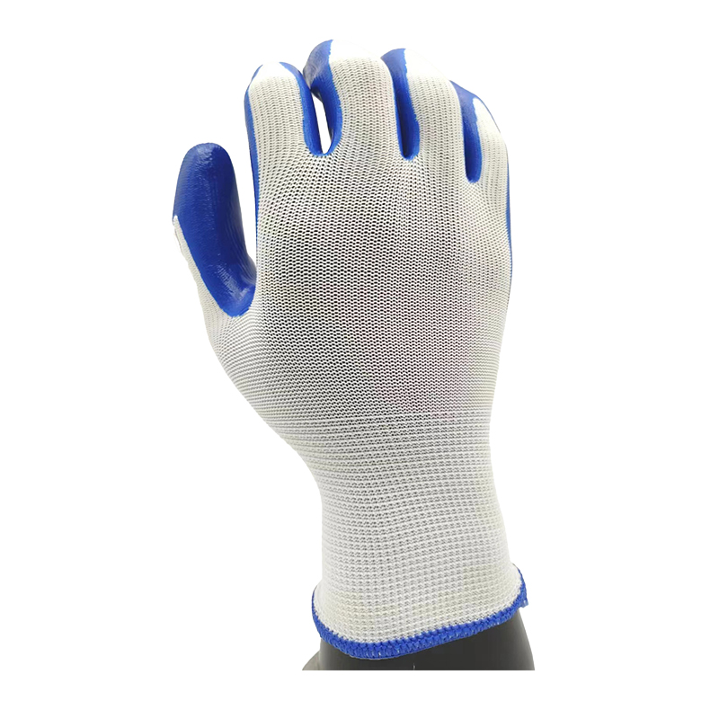 G13-NTG002 White polyester blue smooth nitrile surface gloves