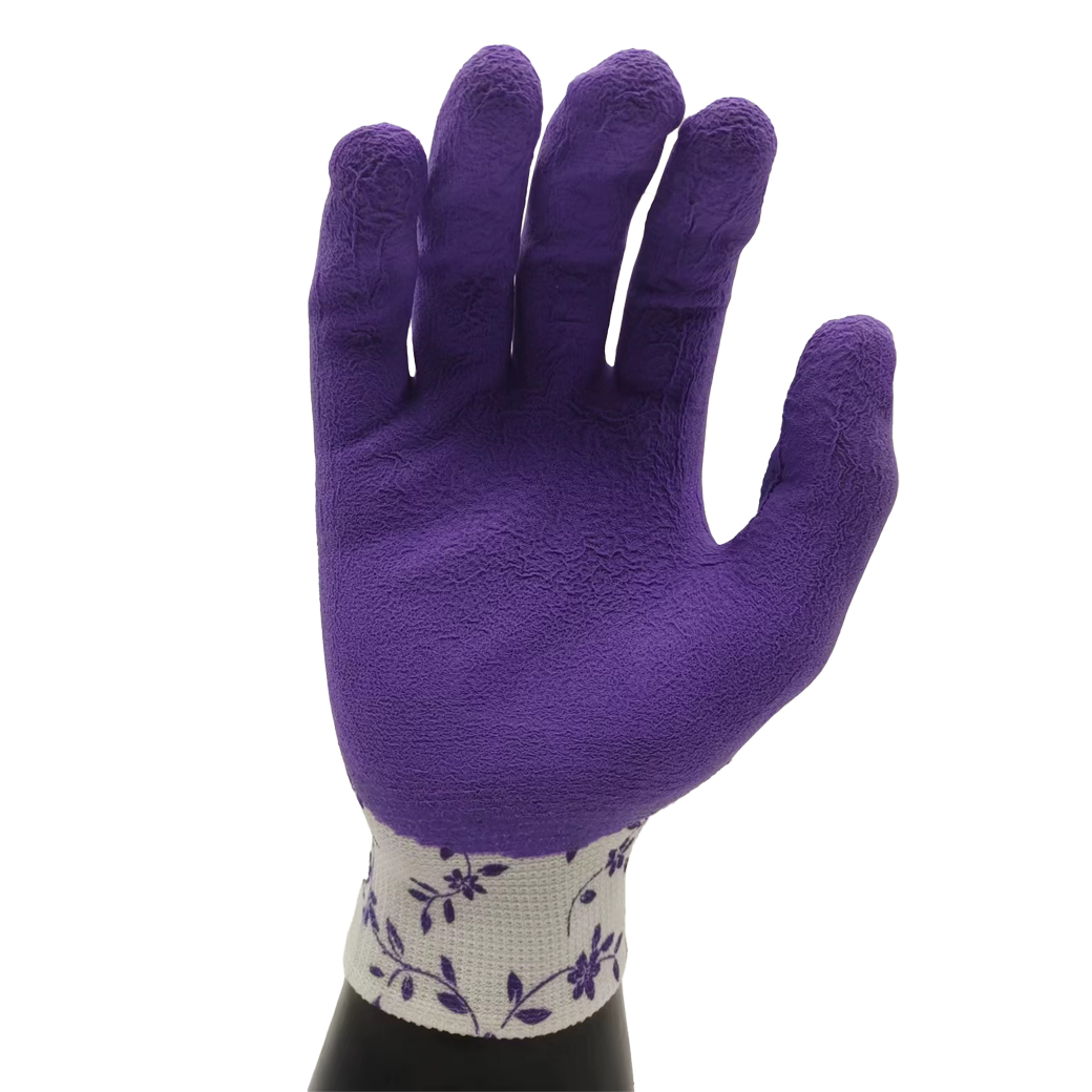 G13-LTGC002 White polyester purple latex garden gloves ( purple vines pattern)