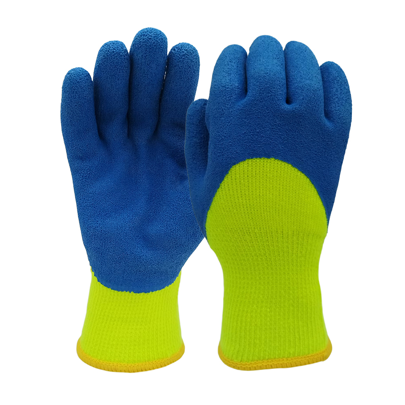 G10-LTF005 Fluorescent Yellow and Blue Crinkle Latex Coated Winter Gloves with Fleece Lining