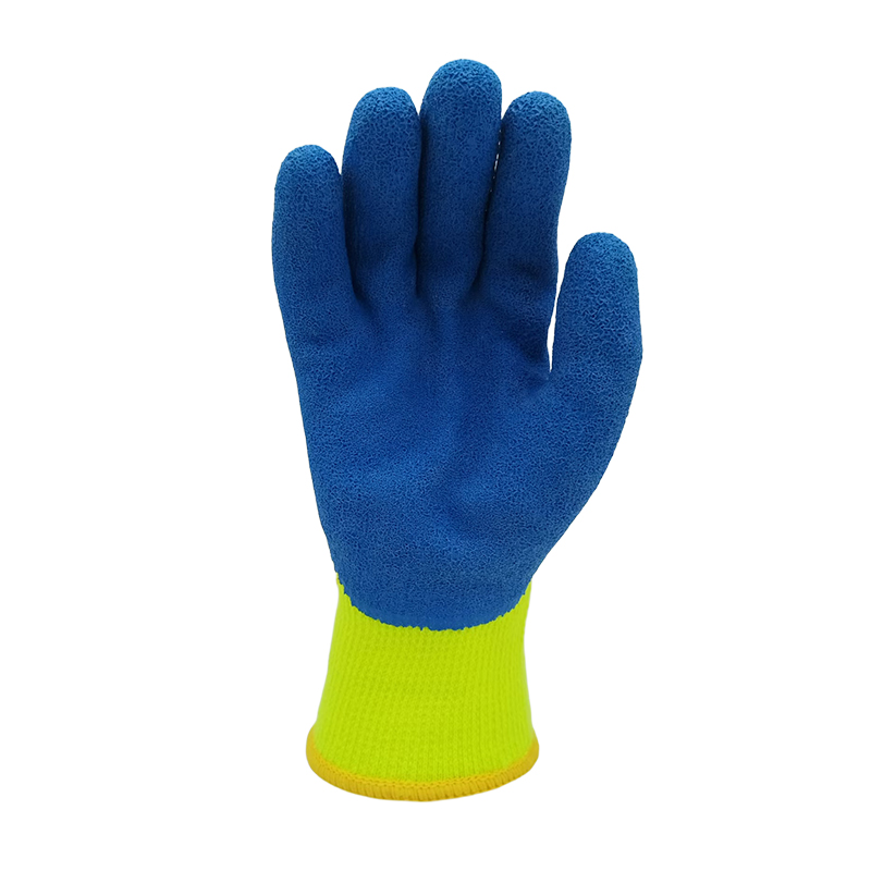 G10-LTF005 Fluorescent Yellow and Blue Crinkle Latex Coated Winter Gloves with Fleece Lining
