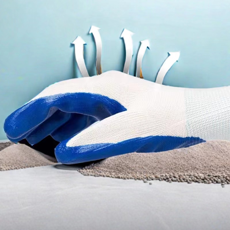 G13-NTG002 White polyester blue smooth nitrile surface gloves