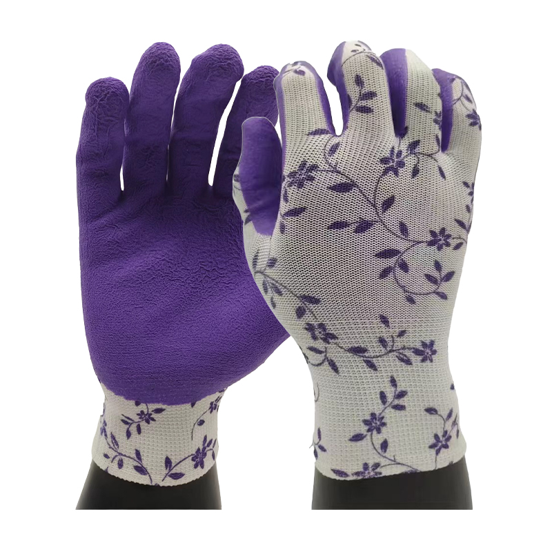 G13-LTGC002 White polyester purple latex garden gloves ( purple vines pattern)