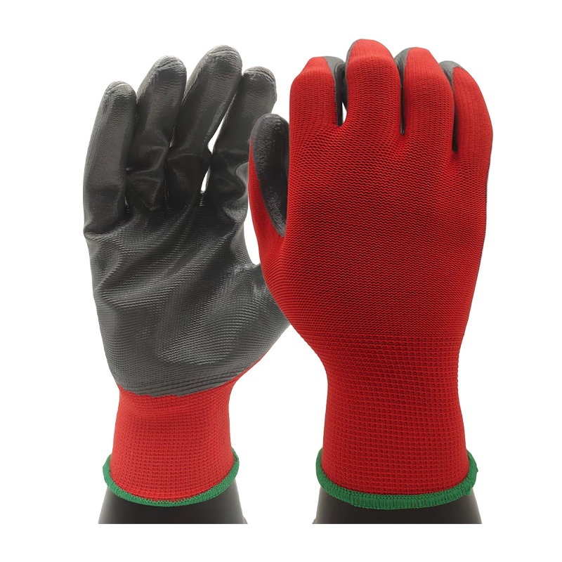 G13-NTGC008 Gray Nitrile Palm Coated Gloves with Red Back