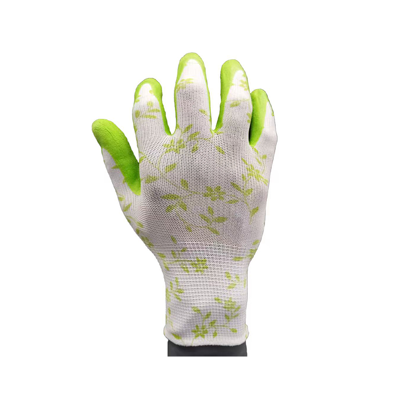 G13-LTGC001 White polyester green latex garden gloves ( green vines pattern)