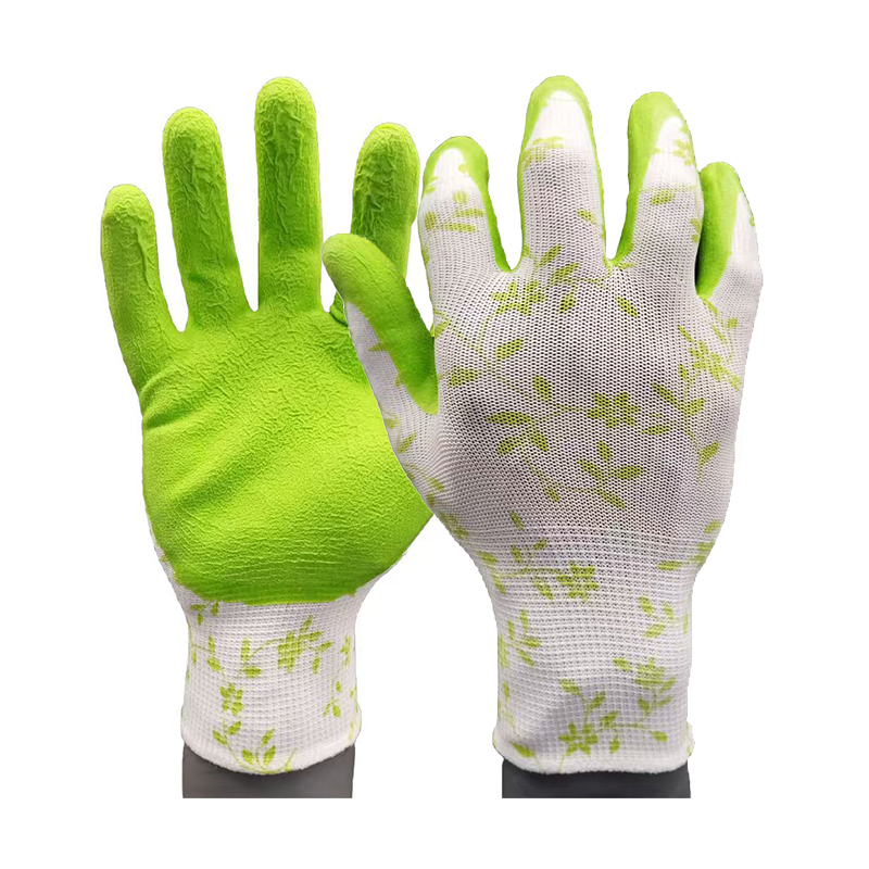 G13-LTGC001 White polyester green latex garden gloves ( green vines pattern)