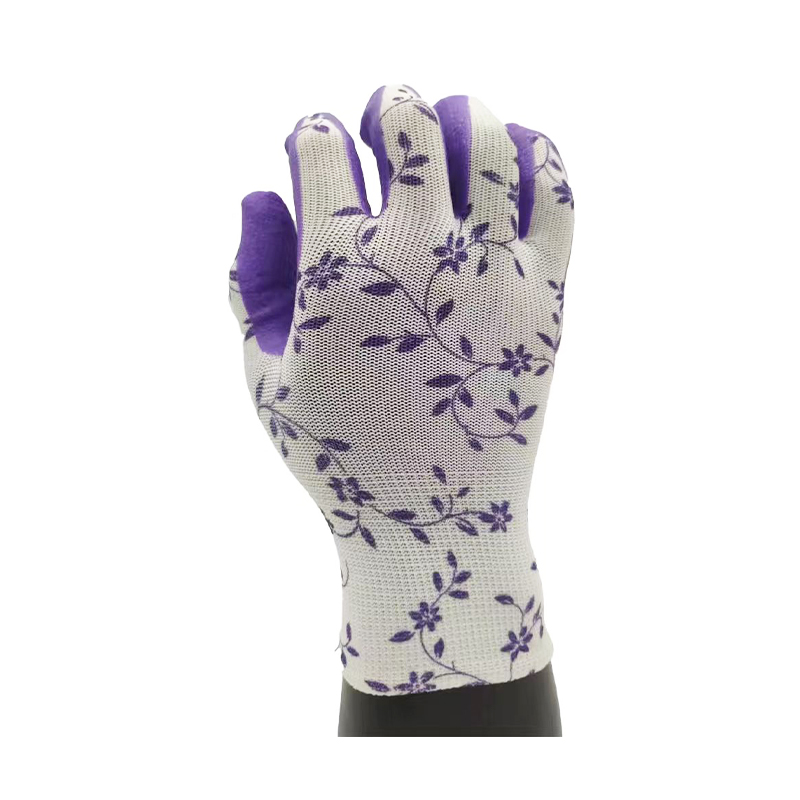 G13-LTGC002 White polyester purple latex garden gloves ( purple vines pattern)