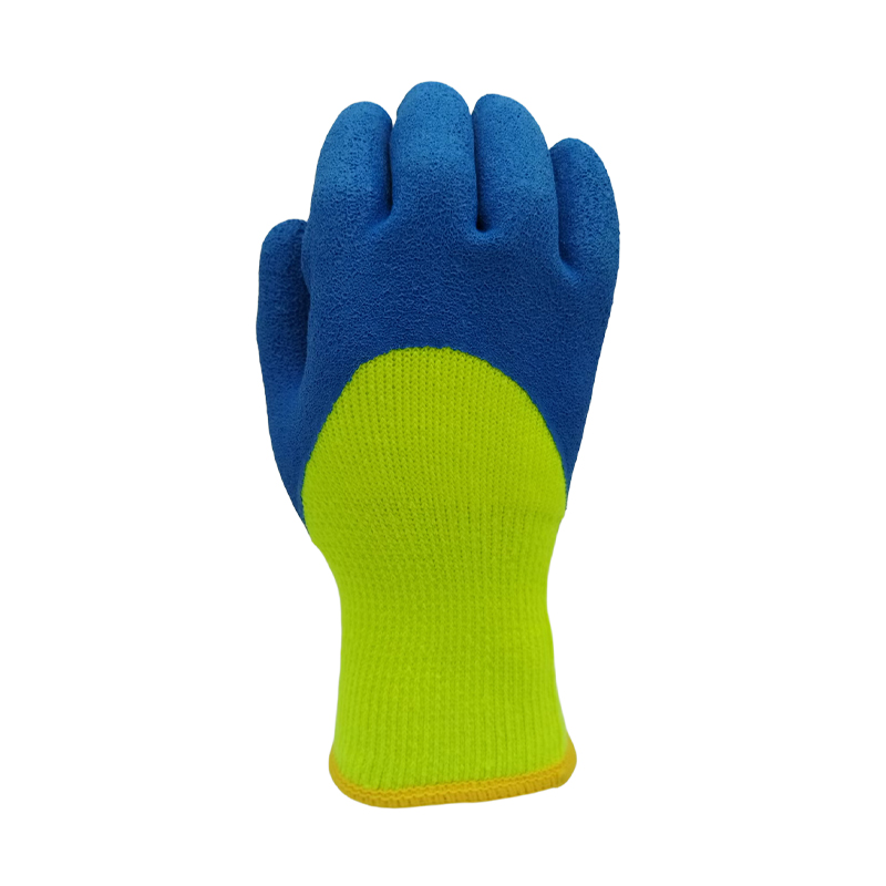 G10-LTF005 Fluorescent Yellow and Blue Crinkle Latex Coated Winter Gloves with Fleece Lining