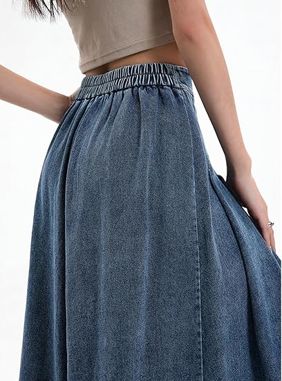 Women Pleated Denim Skirt Long Jean Skirt