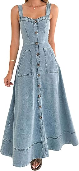 Women's Adjustable Strap Midi Long Denim Dress