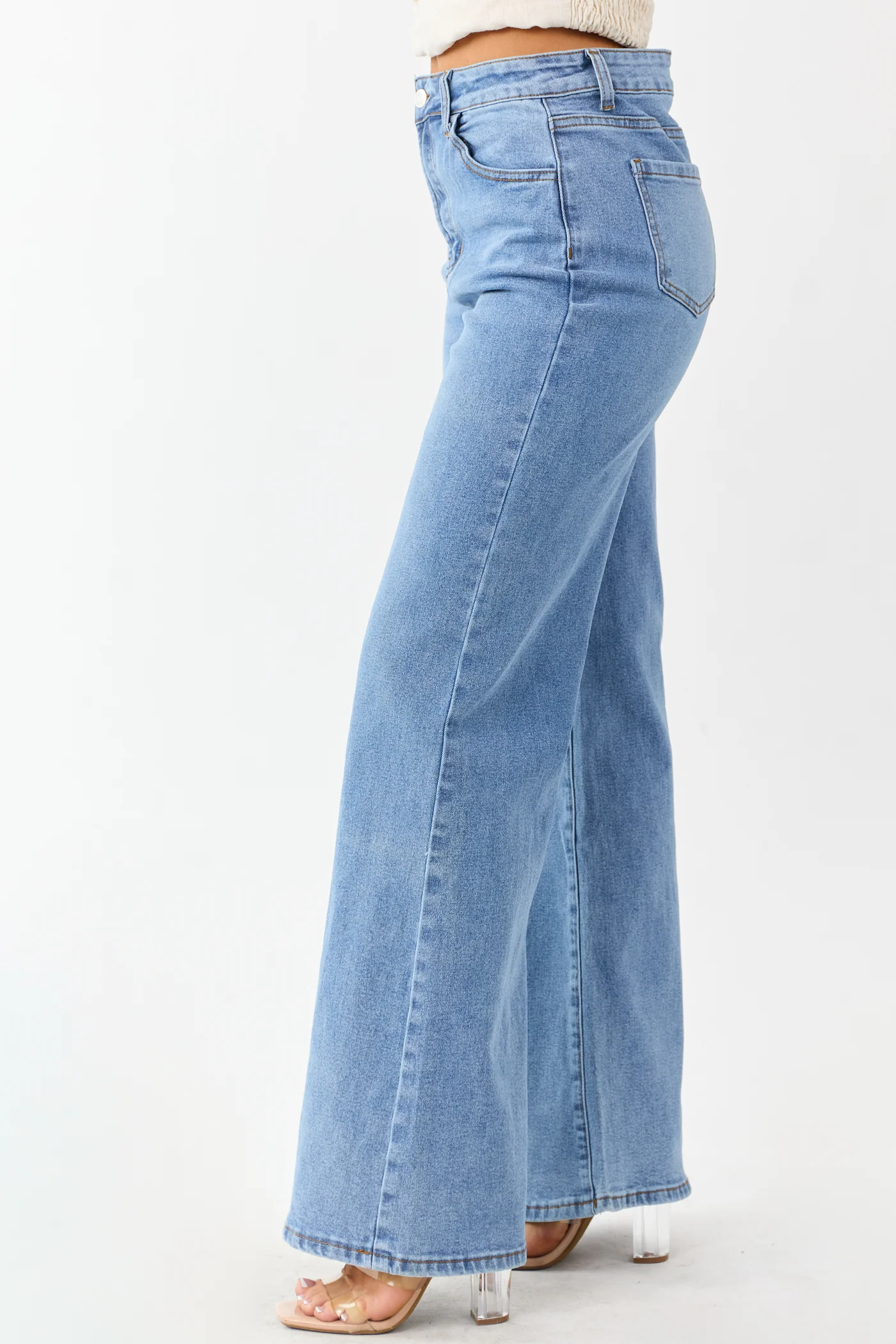 Medium Wash High Rise Wide Leg Stretchy Jeans
