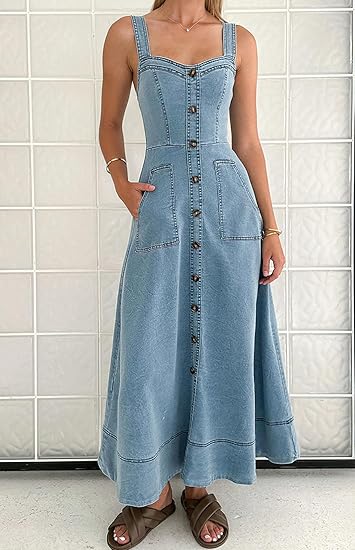 Women's Adjustable Strap Midi Long Denim Dress