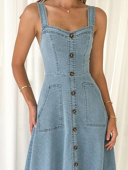 Women's Adjustable Strap Midi Long Denim Dress