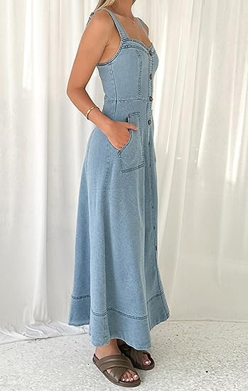 Women's Adjustable Strap Midi Long Denim Dress