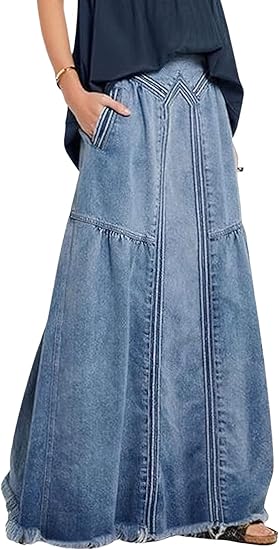 Vintage stretch high waist frayed A-line long denim skirt