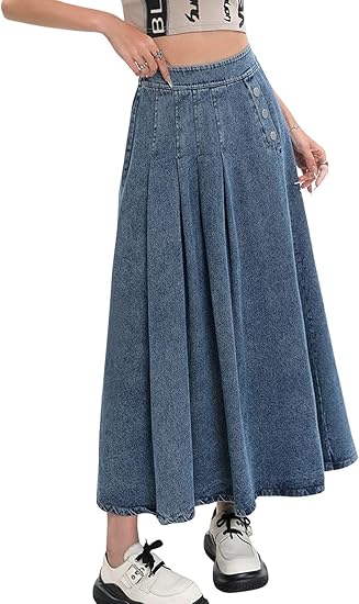 Women Pleated Denim Skirt Long Jean Skirt