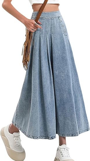 Women Pleated Denim Skirt