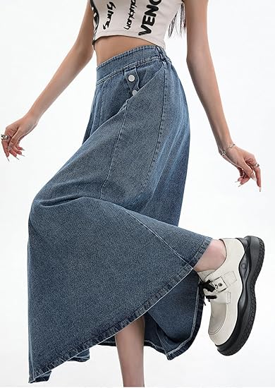 Women Pleated Denim Skirt Long Jean Skirt
