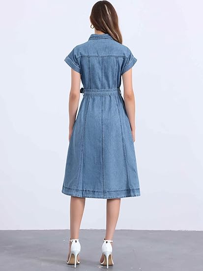 Denim Dress for Women's Long Sleeve Button Down A-Line