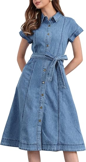 Denim Dress for Women's Long Sleeve Button Down A-Line
