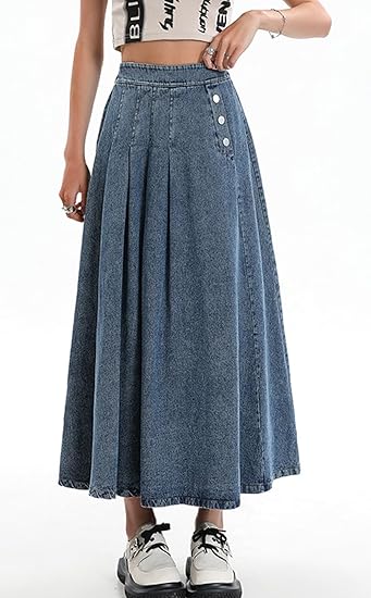 Women Pleated Denim Skirt Long Jean Skirt