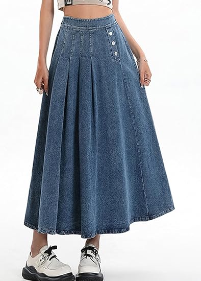 Women Pleated Denim Skirt Long Jean Skirt