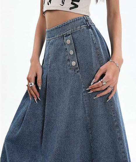 Women Pleated Denim Skirt Long Jean Skirt