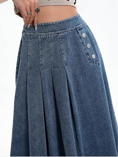 Women Pleated Denim Skirt Long Jean Skirt