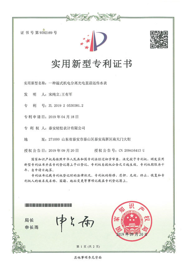 一种湿式机电分离光电直读远传水表