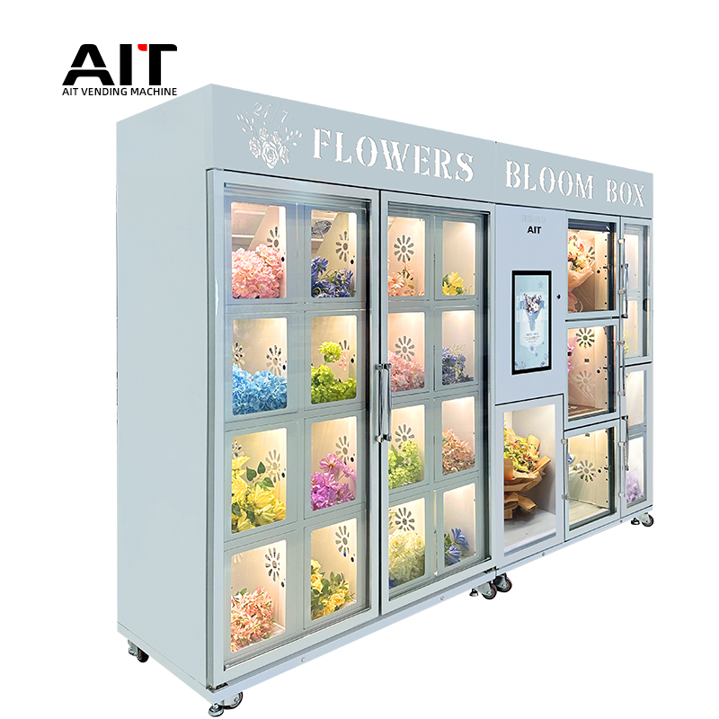 21.5-inch high-end touch screen flower vending machine, one main cabinet and one auxiliary cabinet, 24-compartment rose vending machine