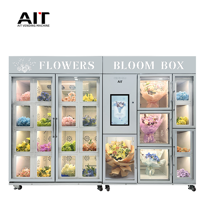 21.5-inch high-end touch screen flower vending machine, one main cabinet and one auxiliary cabinet, 24-compartment rose vending machine
